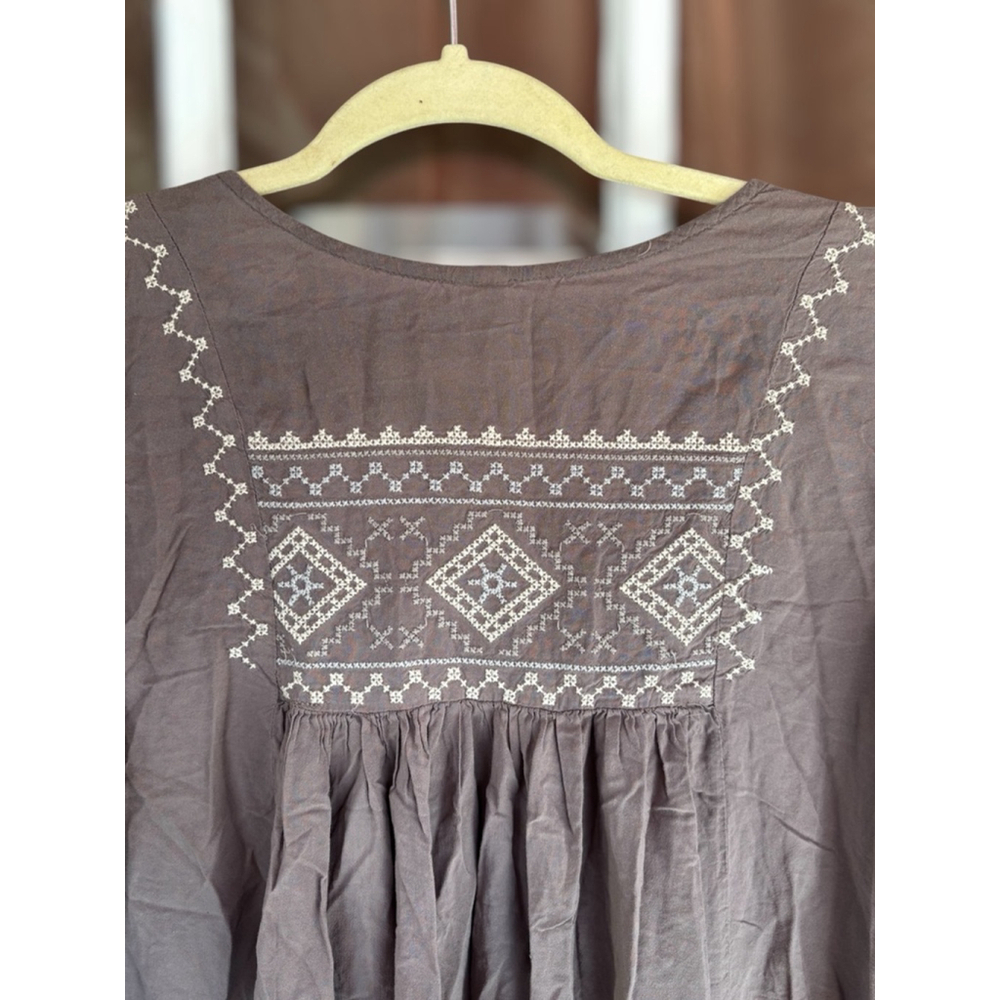 Monoreno Women's Large Brown Southwestern Embroidered Peasant Boho Tunic Top - Picture 4 of 14